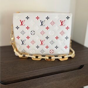 Louis Vuitton White and Red Crossbody Bag with Iconic Monogram